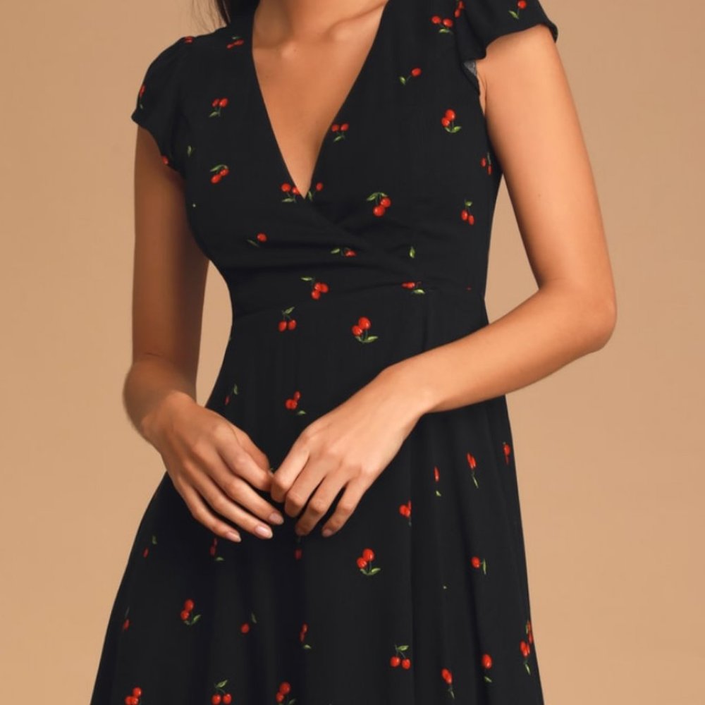 Black Cherry Print Skater Dress